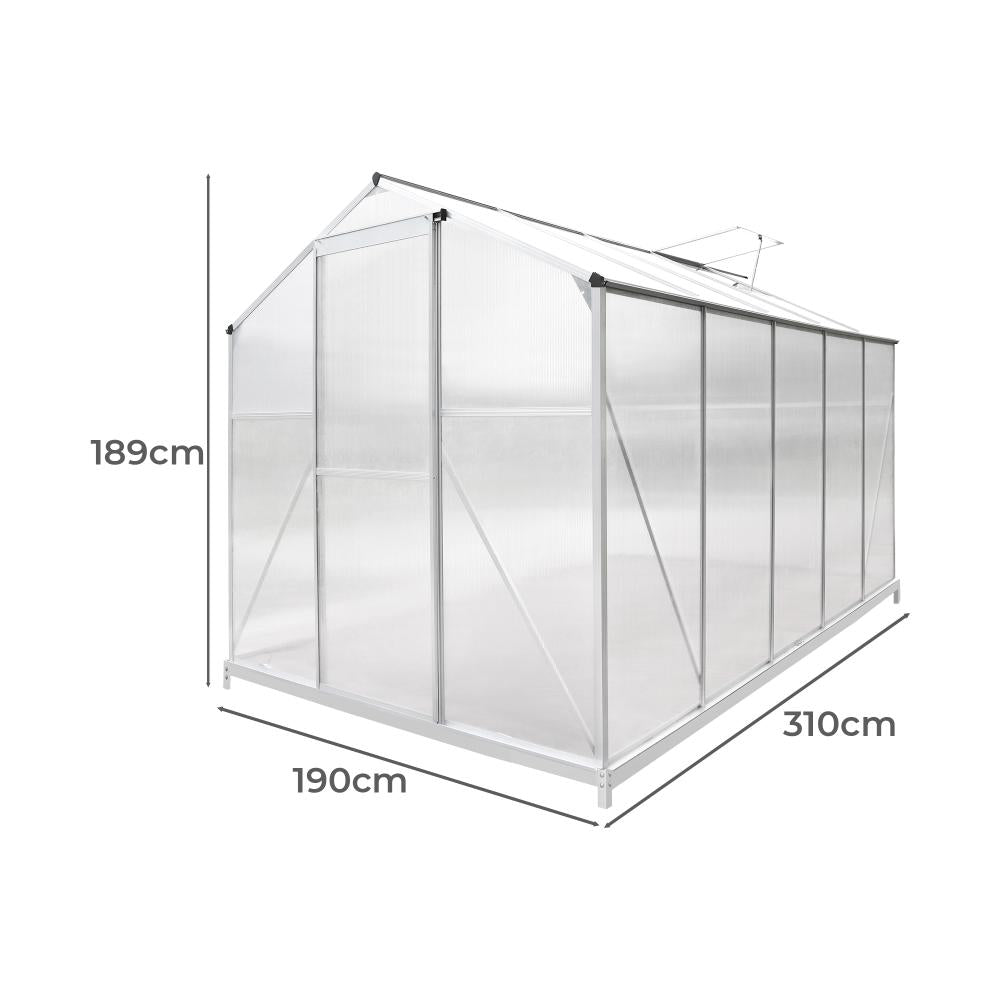 Livsip Greenhouse Aluminium Green House Shed Base Polycarbonate Walk in 3.1x1.9M-Greenhouse-PEROZ Accessories