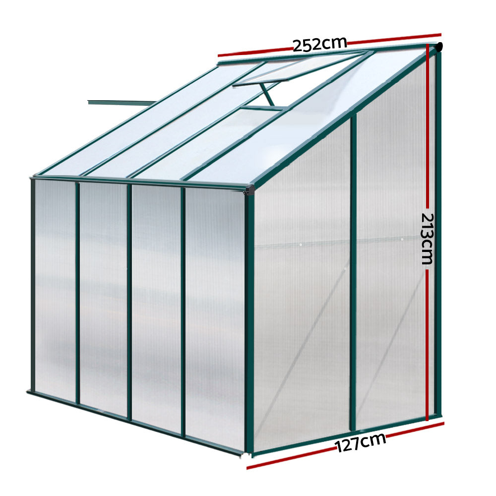 Greenfingers Greenhouse 2.52x1.27x2.13M Lean-to Aluminium Polycarbonate Green House Garden Shed-Home &amp; Garden &gt; Green Houses-PEROZ Accessories