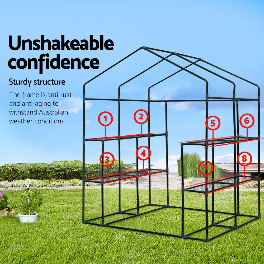 Green Fingers Greenhouse 1.4x1.55x2M Walk in Green House Tunnel Plant Garden Shed 8 Shelves-Home &amp; Garden &gt; Green Houses-PEROZ Accessories