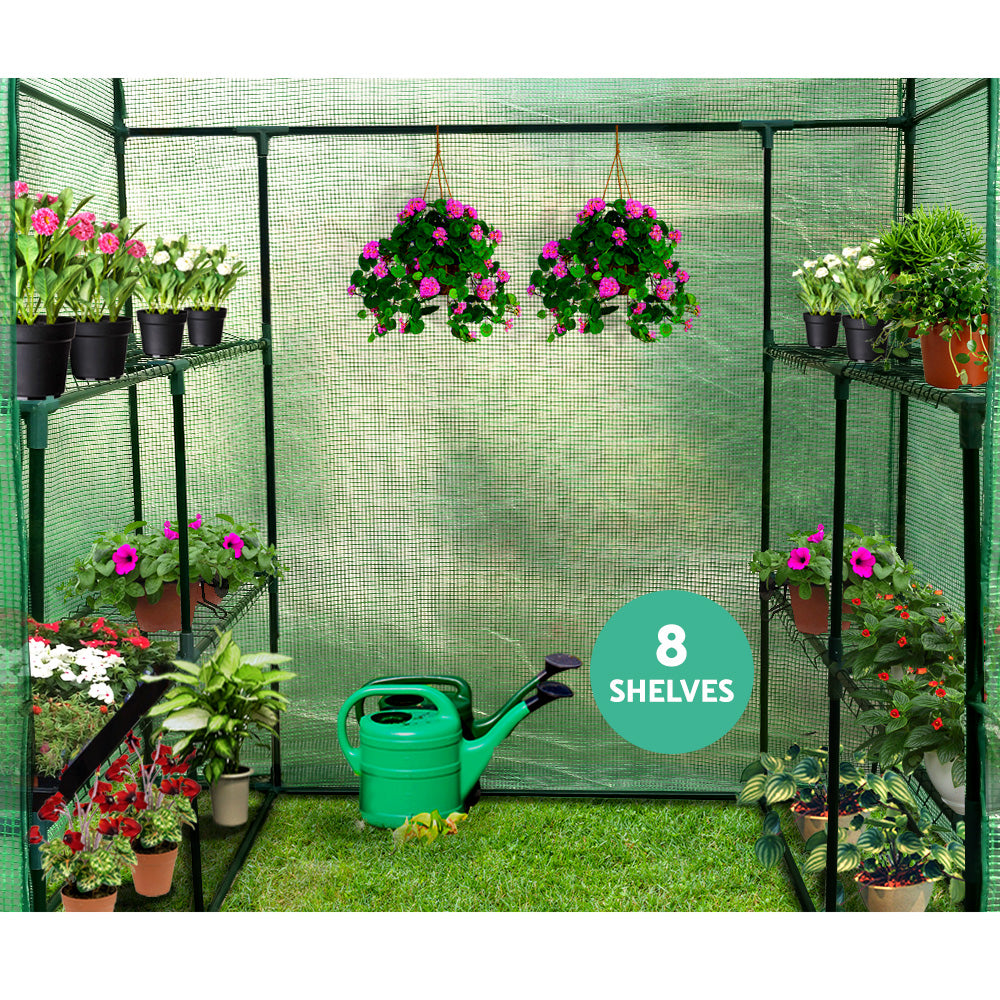 Green Fingers Greenhouse 1.4x1.55x2M Walk in Green House Tunnel Plant Garden Shed 8 Shelves-Home &amp; Garden &gt; Green Houses-PEROZ Accessories