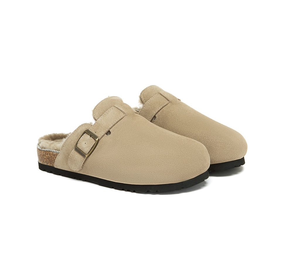 EVERAU  UGG Slippers Sheepskin Wool Adjustable Strap Clog Hazco