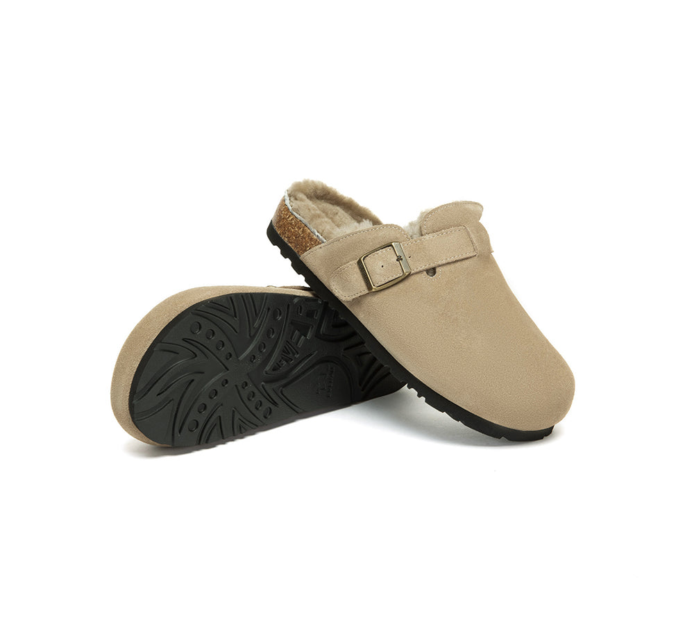 EVERAU  UGG Slippers Sheepskin Wool Adjustable Strap Clog Hazco