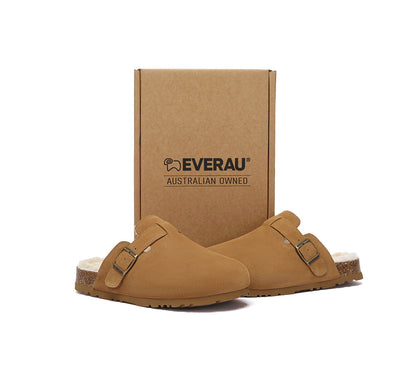 EVERAU  UGG Slippers Sheepskin Wool Adjustable Strap Clog Hazco