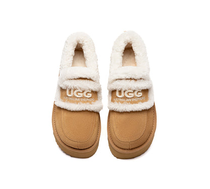 AUSTRALIAN SHEPHERD  UGG Slippers Women Sheepskin Wool Ankle Platform Loafers Rilee