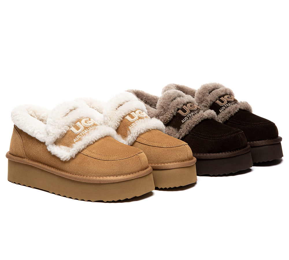 AUSTRALIAN SHEPHERD  UGG Slippers Women Sheepskin Wool Ankle Platform Loafers Rilee