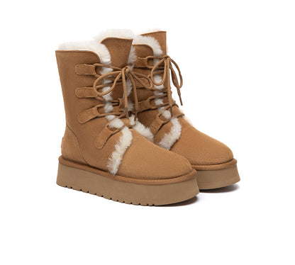 AUSTRALIAN SHEPHERD  UGG Boots Sheepskin Wool Lace Up Platform Short Brunor