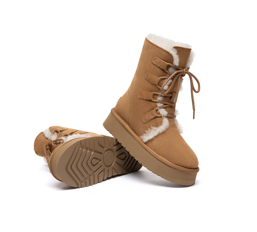 AUSTRALIAN SHEPHERD  UGG Boots Sheepskin Wool Lace Up Platform Short Brunor