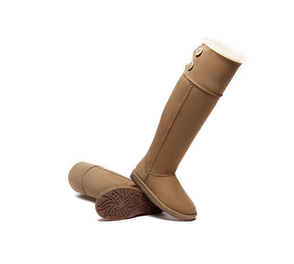 EVERAU  UGG Boots Women Double Faced Sheepskin Wool Tall Button Over-Knee Jenner