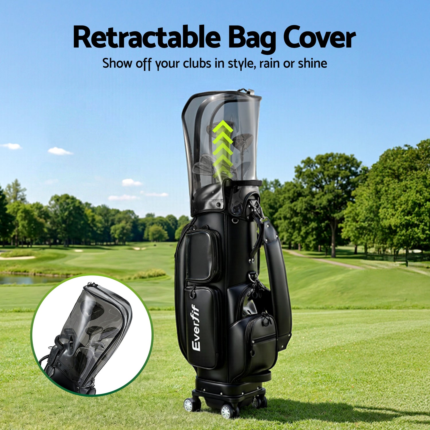 Everfit Golf Cart Bag Rolling Buggy Club Organiser Synthetic Leather Black