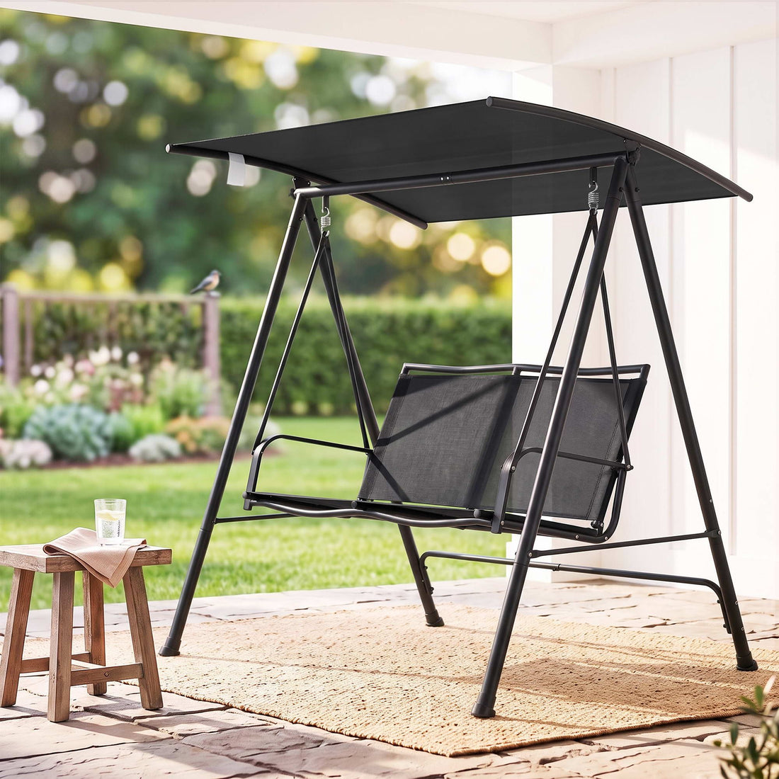 Gardeon Outdoor Swing Chair with Adjustable Canopy 142cmx172cm Stand Black-Home &amp; Garden > Hammocks > Hammocks &amp; Accessories-PEROZ Accessories