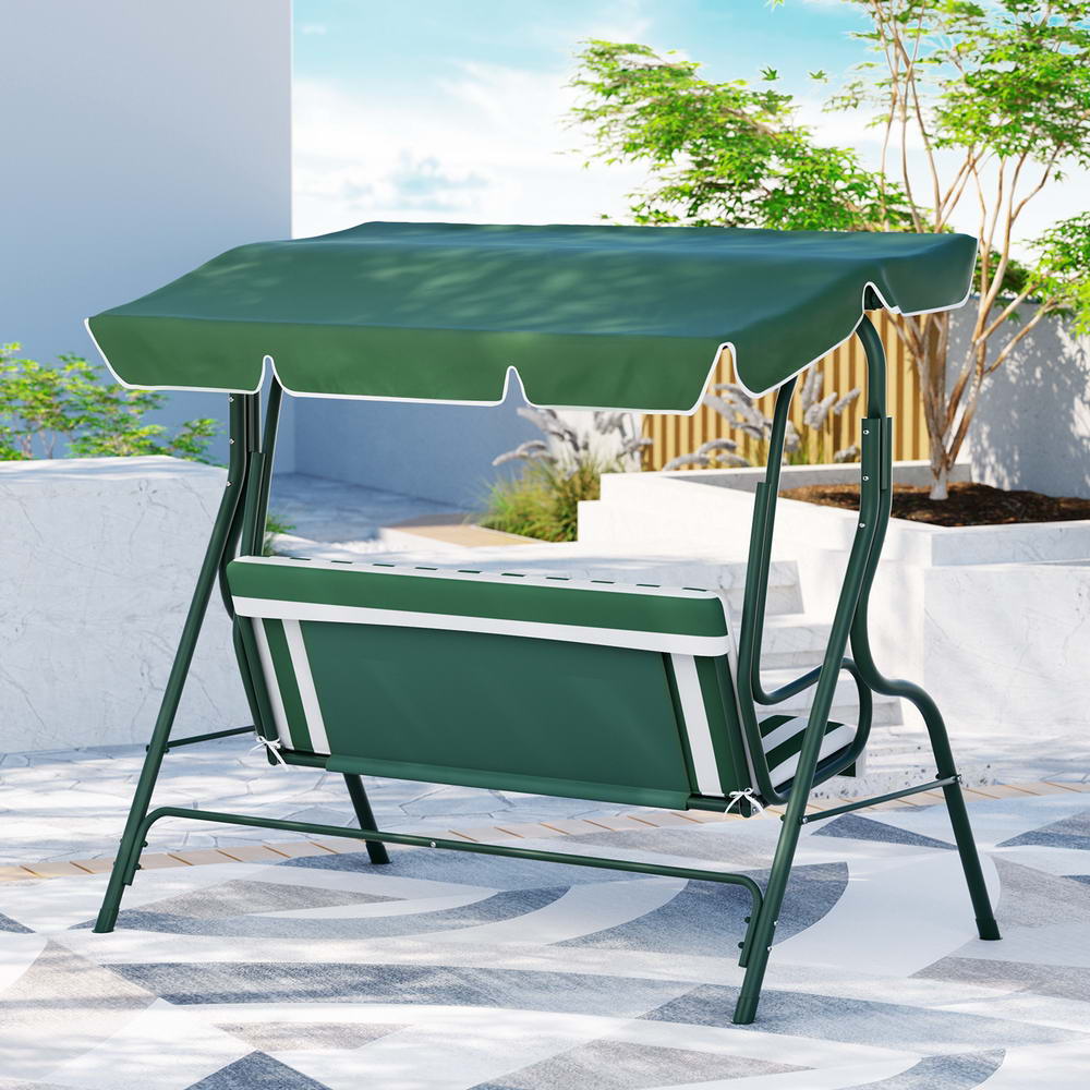 Gardeon Outdoor Swing Chair Garden Bench Furniture Canopy 3 Seater White Green-Furniture &gt; Outdoor &gt; Outdoor Benches-PEROZ Accessories