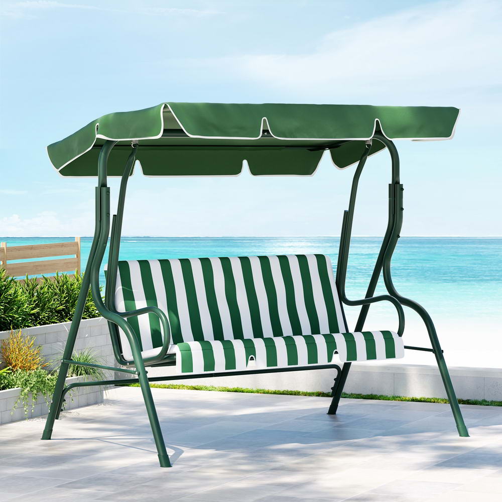 Gardeon Outdoor Swing Chair Garden Bench Furniture Canopy 3 Seater White Green-Furniture &gt; Outdoor &gt; Outdoor Benches-PEROZ Accessories