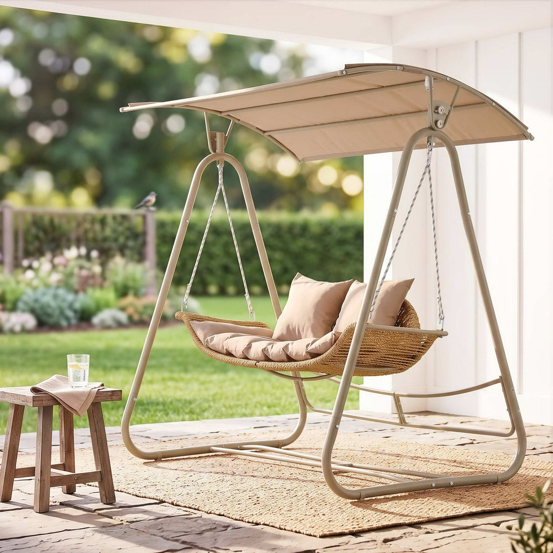 Gardeon Outdoor Swing Chair 2-Seater Rattan Seat with Canopy Beige-Furniture > Outdoor > Outdoor Chairs-PEROZ Accessories