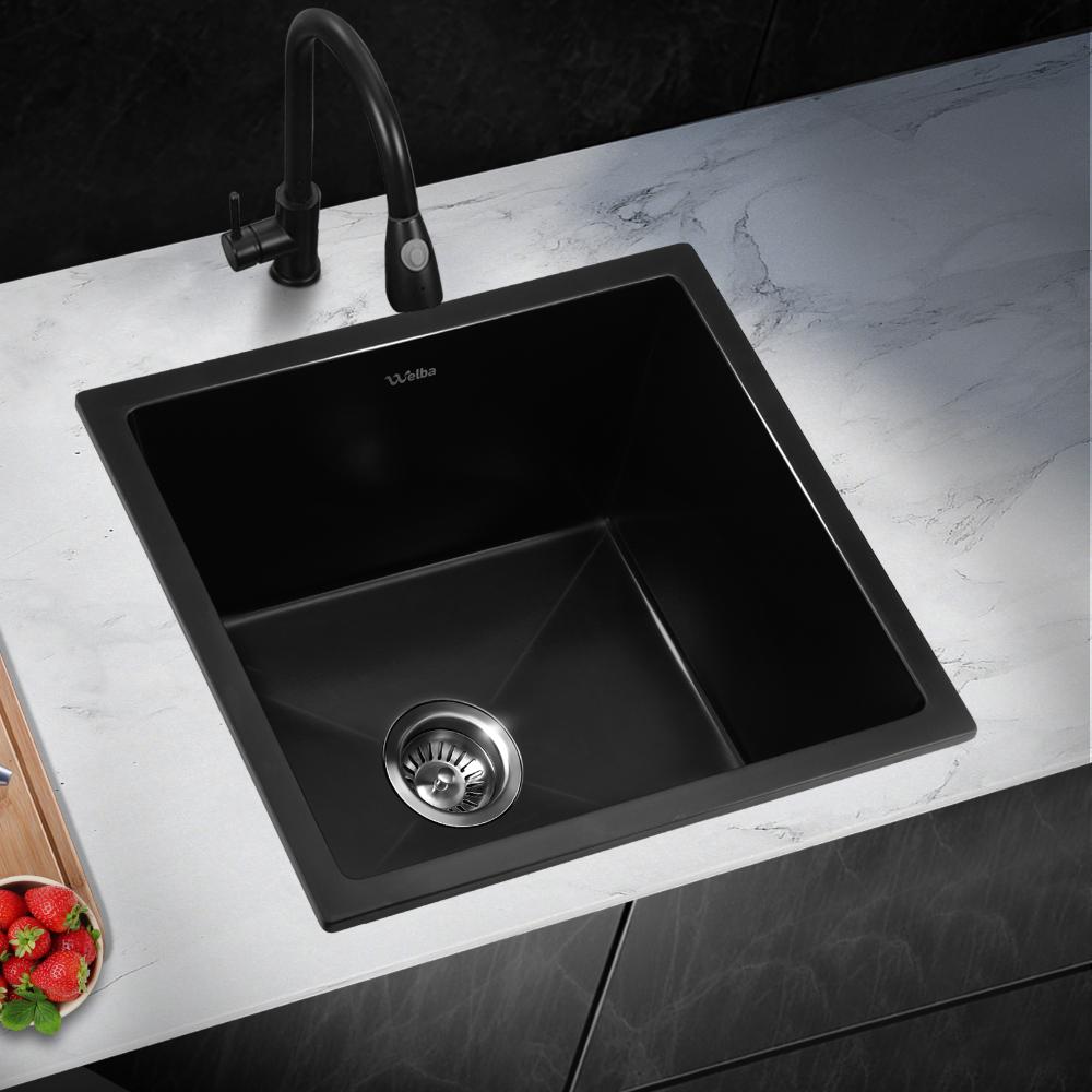 Welba Kitchen Sink Stone Sink Granite Laundry Basin Single Bowl 45cmx45cm Black-Kitchen Sinks-PEROZ Accessories