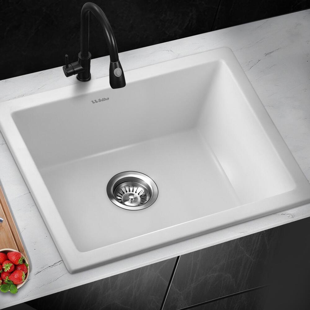 Welba Kitchen Sink 55x45cm Granite Stone Sink Laundry Basin Single Bowl White-Granite Sink-PEROZ Accessories