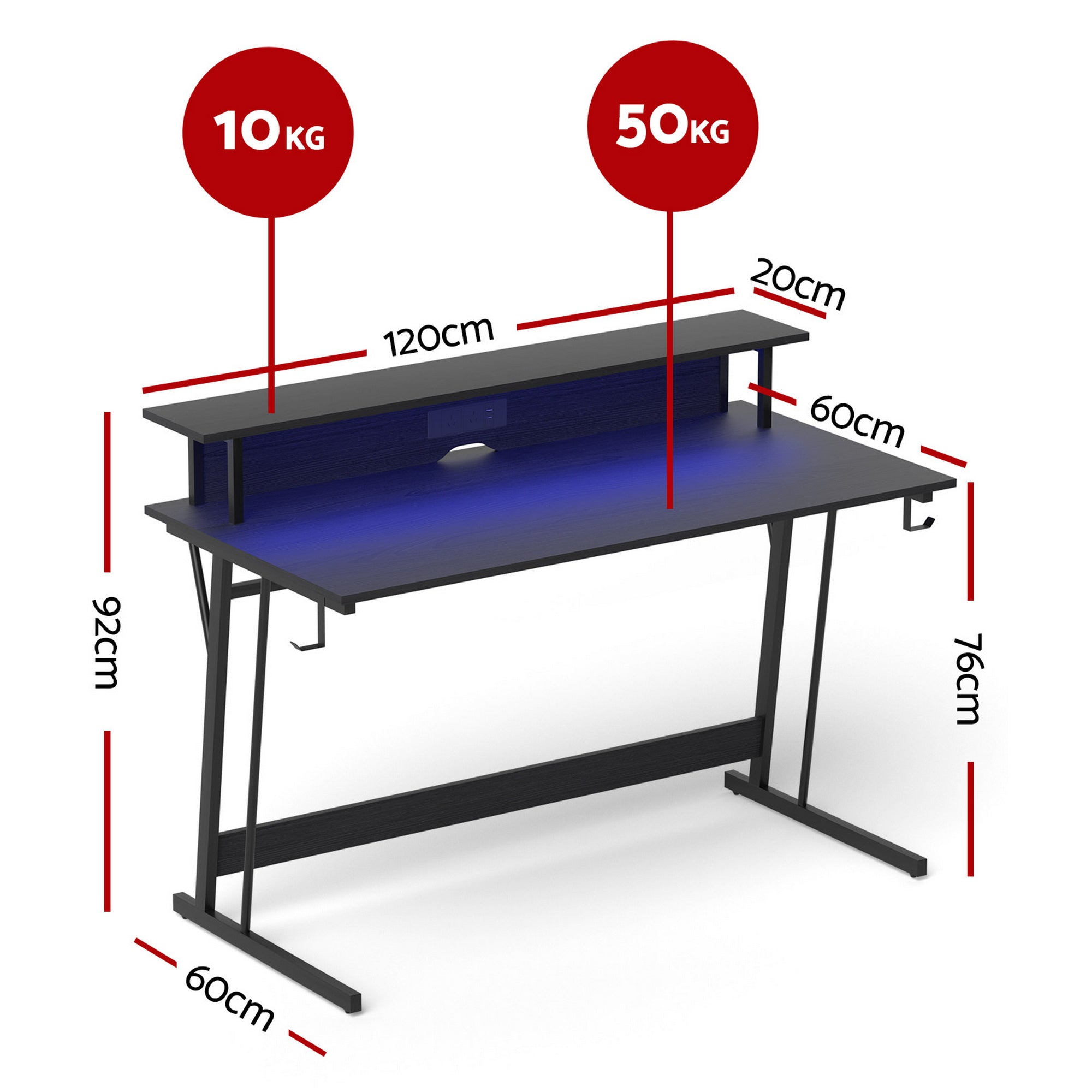Artiss Gaming Desk with LED Lights Computer Desk Table with Monitor Shelf Power 120cm-Furniture > Office > Desks-PEROZ Accessories