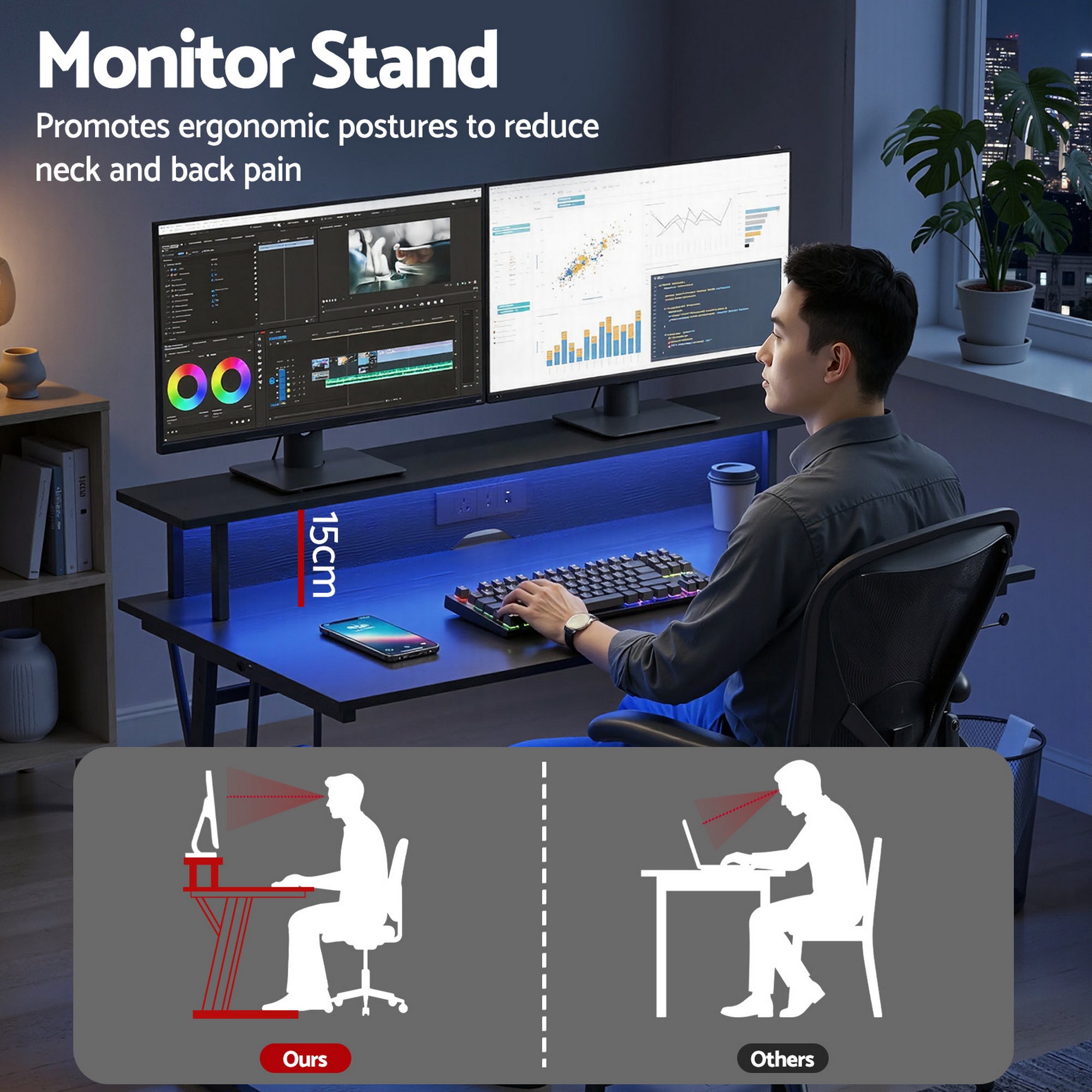 Artiss Gaming Desk with LED Lights Computer Desk Table with Monitor Shelf Power 120cm-Furniture > Office > Desks-PEROZ Accessories