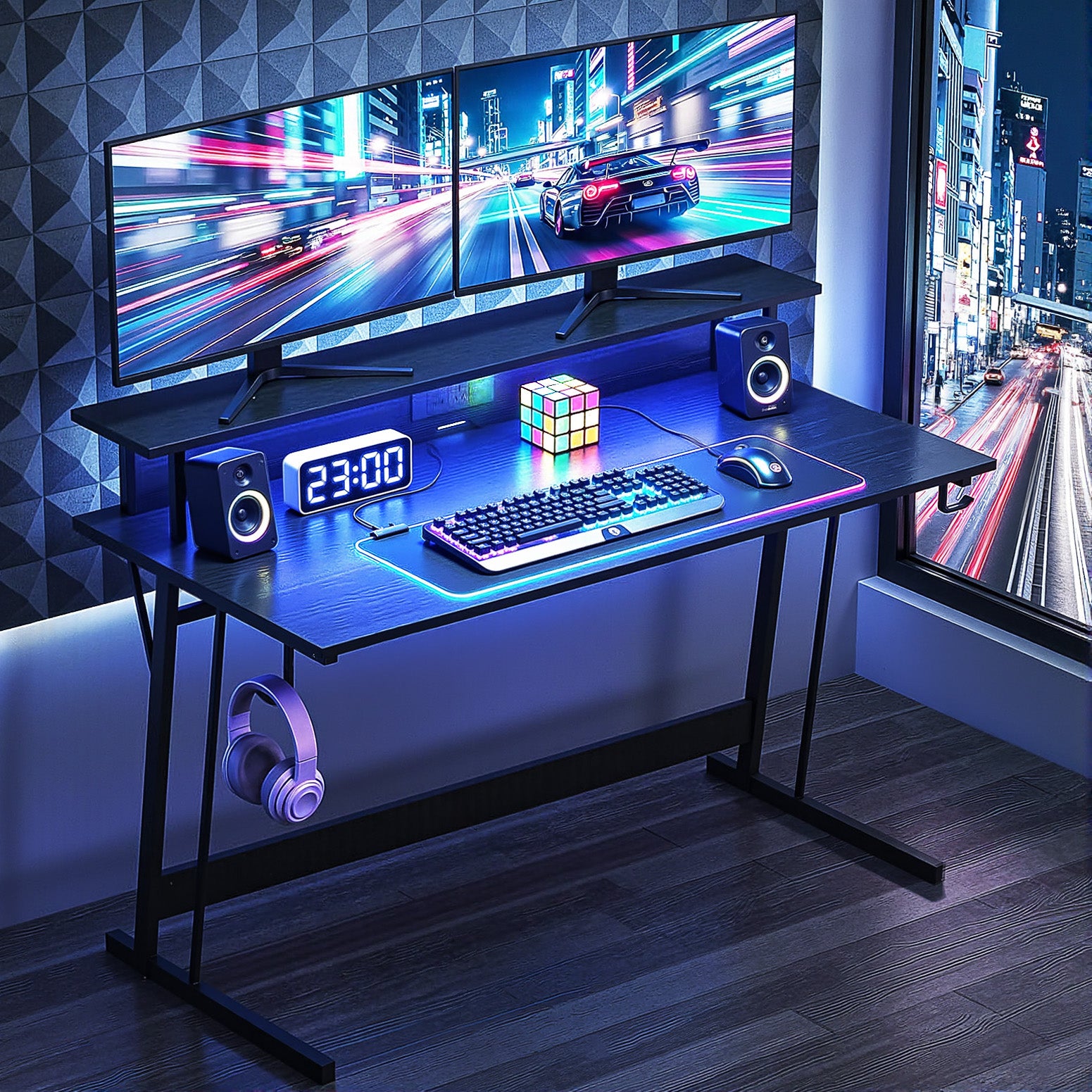 Artiss Gaming Desk with LED Lights Computer Desk Table with Monitor Shelf Power 120cm-Furniture > Office > Desks-PEROZ Accessories