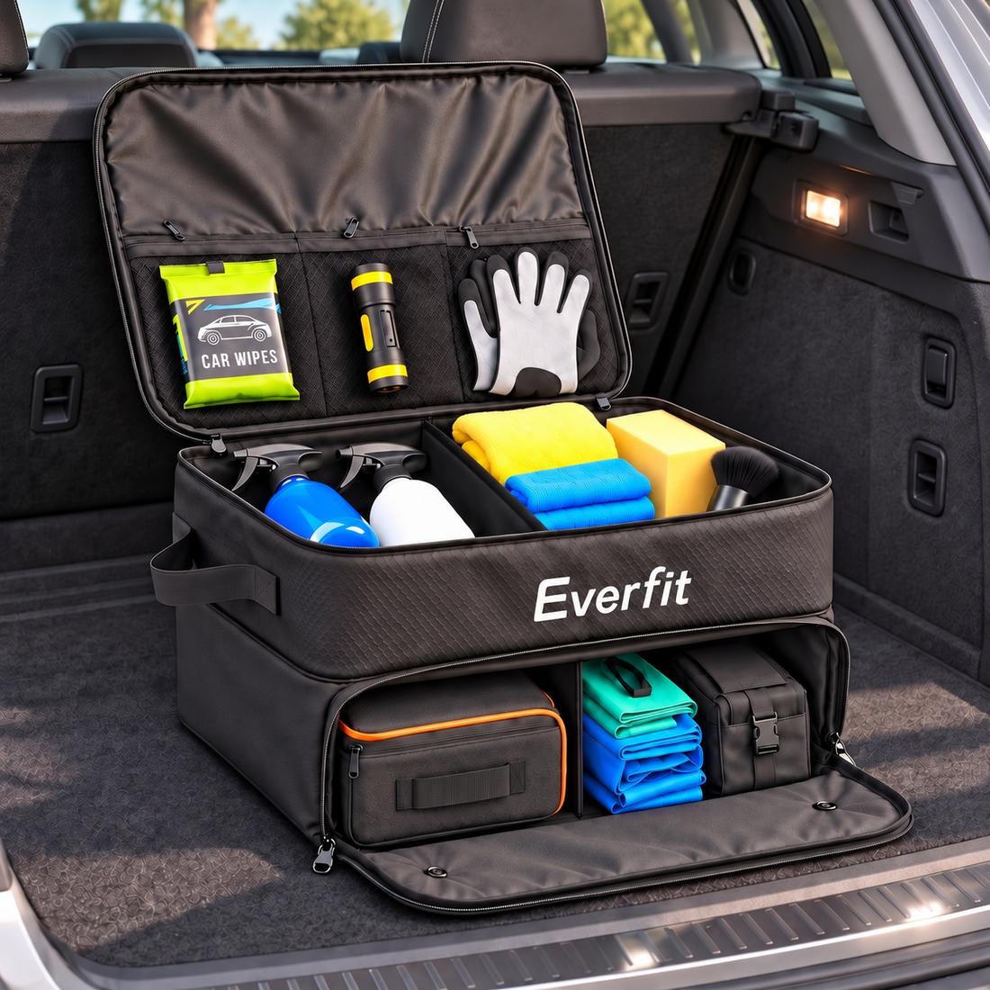 Everfit 2-Tier Car Boot Organiser Storage Bag Trunk Organiser with Ventilated Compartment Black-Sports &amp; Fitness > Golf > Golf Accessories-PEROZ Accessories