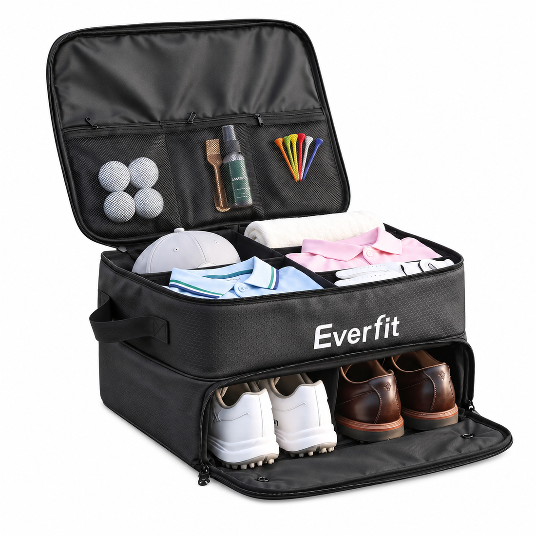 Everfit Golf Storage Bag 2-Tier Trunk Organizer with Ventilated Shoe Compartment Black-Sports &amp; Fitness > Golf > Golf Accessories-PEROZ Accessories