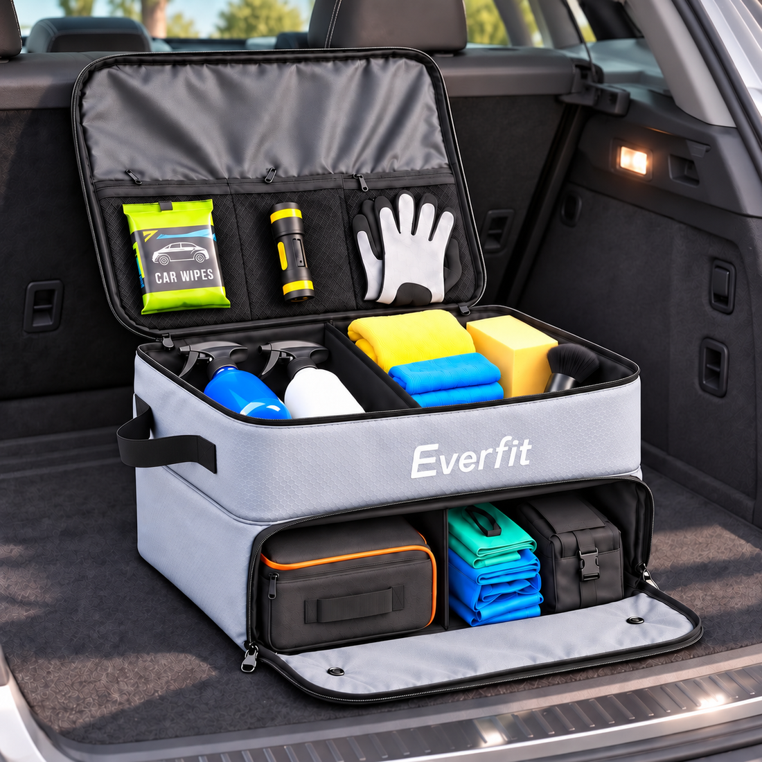 Everfit 2-Tier Car Boot Organiser Storage Bag Trunk Organiser with Ventilated Compartment Grey-Sports &amp; Fitness > Golf > Golf Accessories-PEROZ Accessories