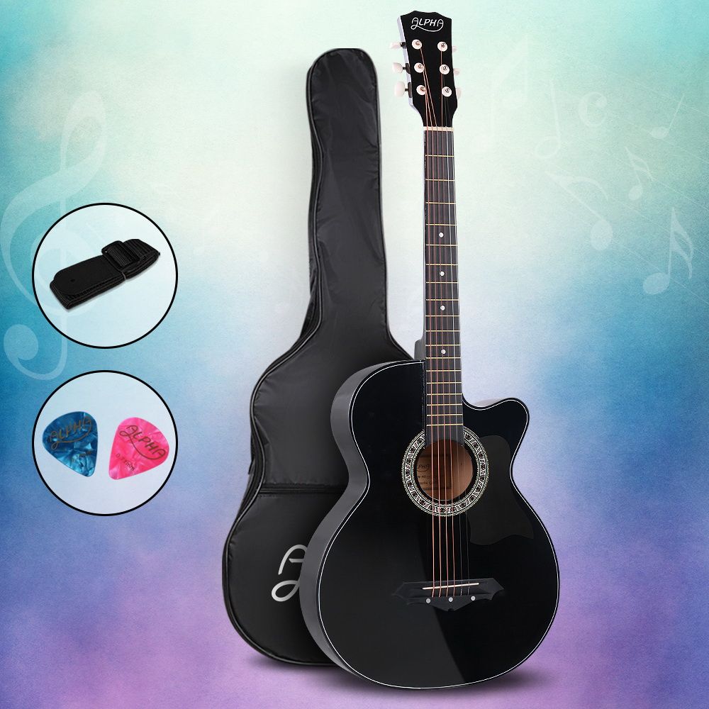 Alpha 38 Inch Acoustic Guitar Wooden Body Steel String Full Size Cutaway Black-Audio &amp; Video > Musical Instrument &amp; Accessories-PEROZ Accessories