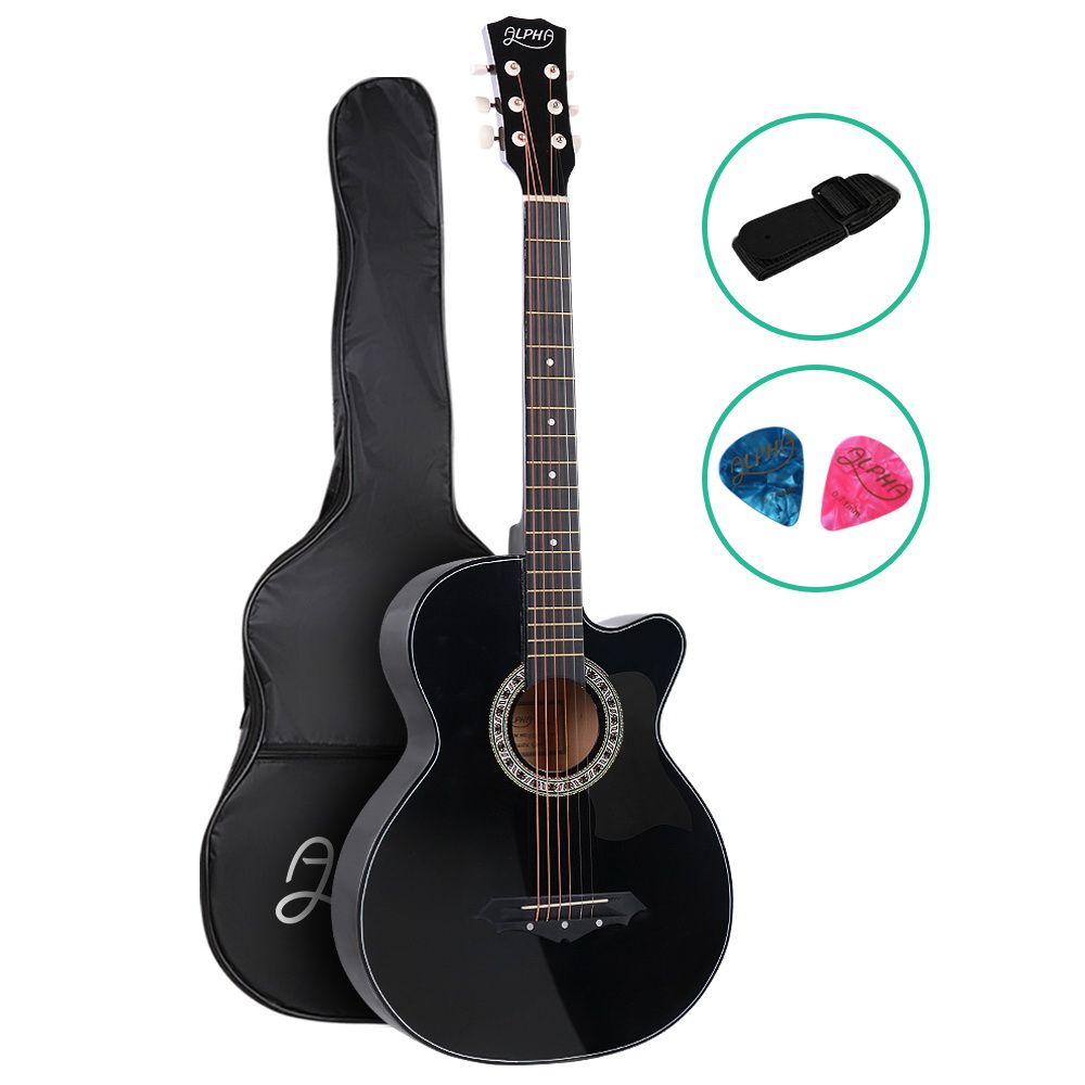 Alpha 38 Inch Acoustic Guitar Wooden Body Steel String Full Size Cutaway Black-Audio &amp; Video > Musical Instrument &amp; Accessories-PEROZ Accessories