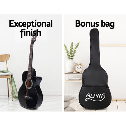 Alpha 38 Inch Acoustic Guitar Wooden Body Steel String Full Size Cutaway Black-Audio &amp; Video > Musical Instrument &amp; Accessories-PEROZ Accessories