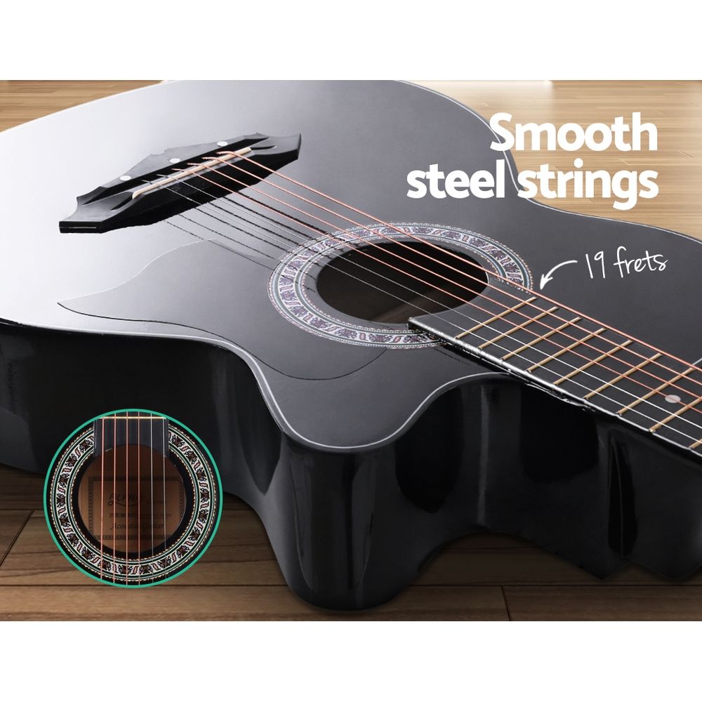 Alpha 38 Inch Acoustic Guitar Wooden Body Steel String Full Size Cutaway Black-Audio &amp; Video > Musical Instrument &amp; Accessories-PEROZ Accessories