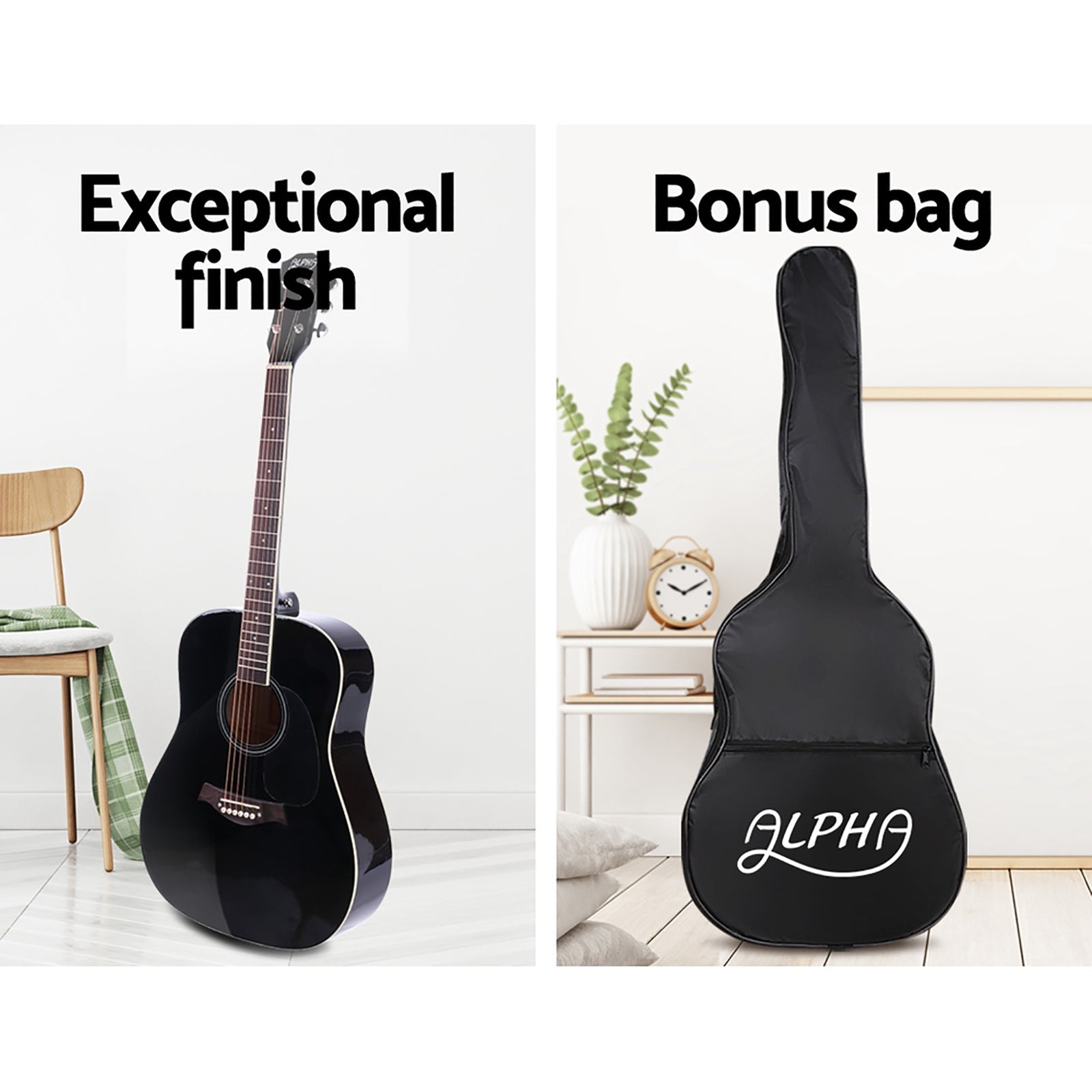 Alpha 41 Inch Acoustic Guitar Wooden Body Steel String Dreadnought Stand Black-Audio &amp; Video &gt; Musical Instrument &amp; Accessories-PEROZ Accessories