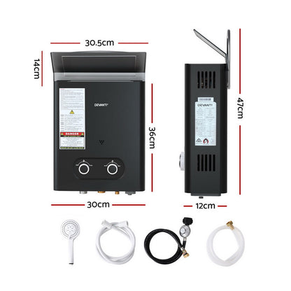 Devanti Portable Gas Water Heater LPG-powered System Black-Outdoor Recreation > Camping > Portable Toilets &amp; Showers-PEROZ Accessories