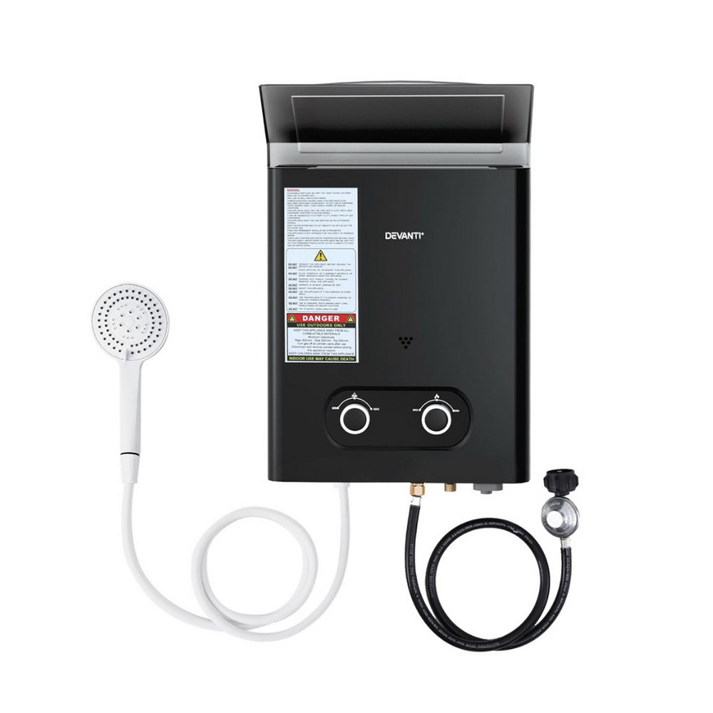 Devanti Portable Gas Water Heater LPG-powered System Black-Outdoor Recreation > Camping > Portable Toilets &amp; Showers-PEROZ Accessories