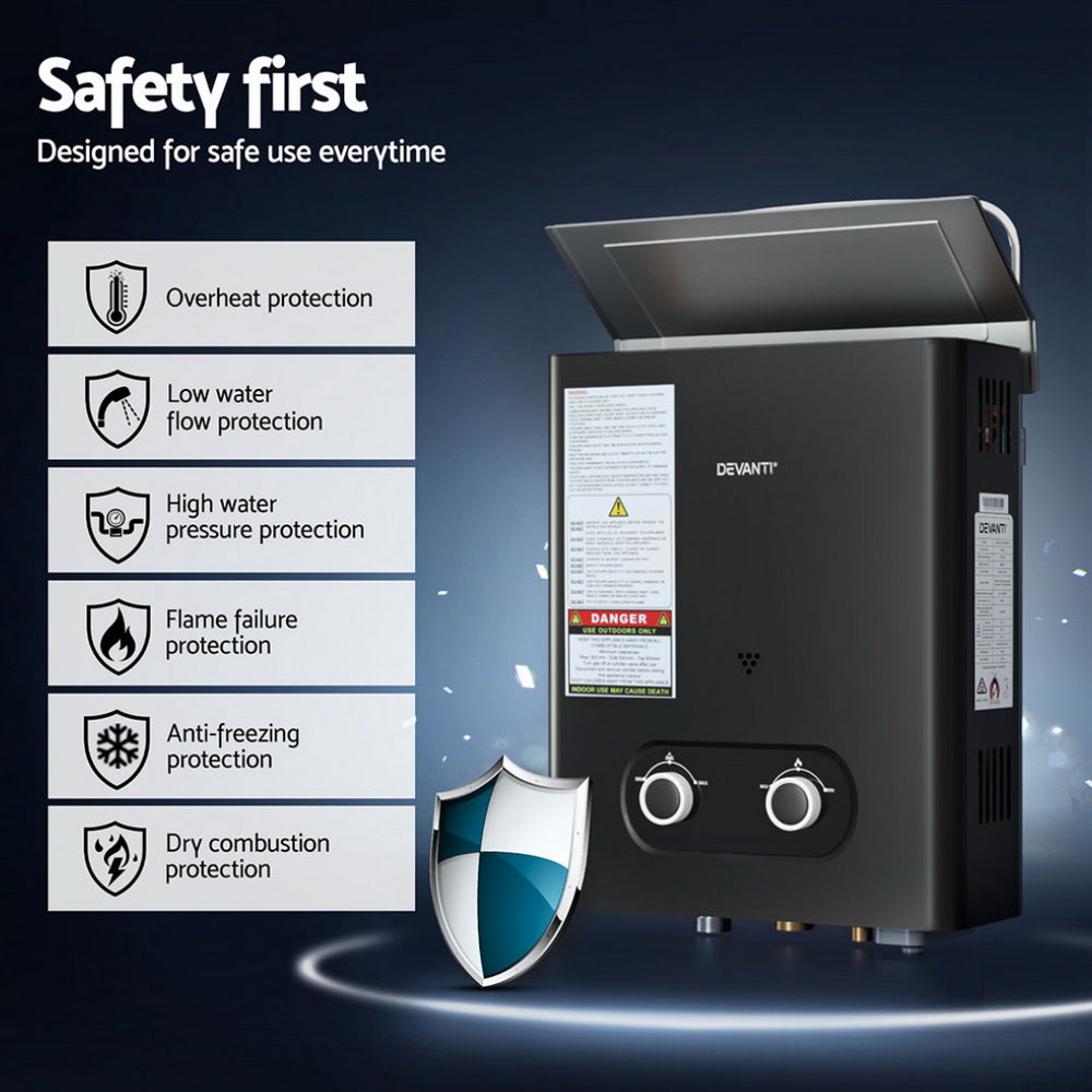 Devanti Portable Gas Water Heater LPG-powered System Black-Outdoor Recreation > Camping > Portable Toilets &amp; Showers-PEROZ Accessories