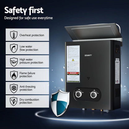 Devanti Portable Gas Water Heater LPG-powered System Black-Outdoor Recreation > Camping > Portable Toilets &amp; Showers-PEROZ Accessories