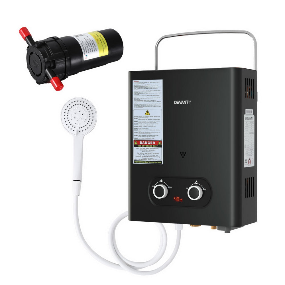 Devanti Portable Gas Water Heater LPG-powered System Black With Pump-Outdoor Recreation > Camping > Portable Toilets &amp; Showers-PEROZ Accessories