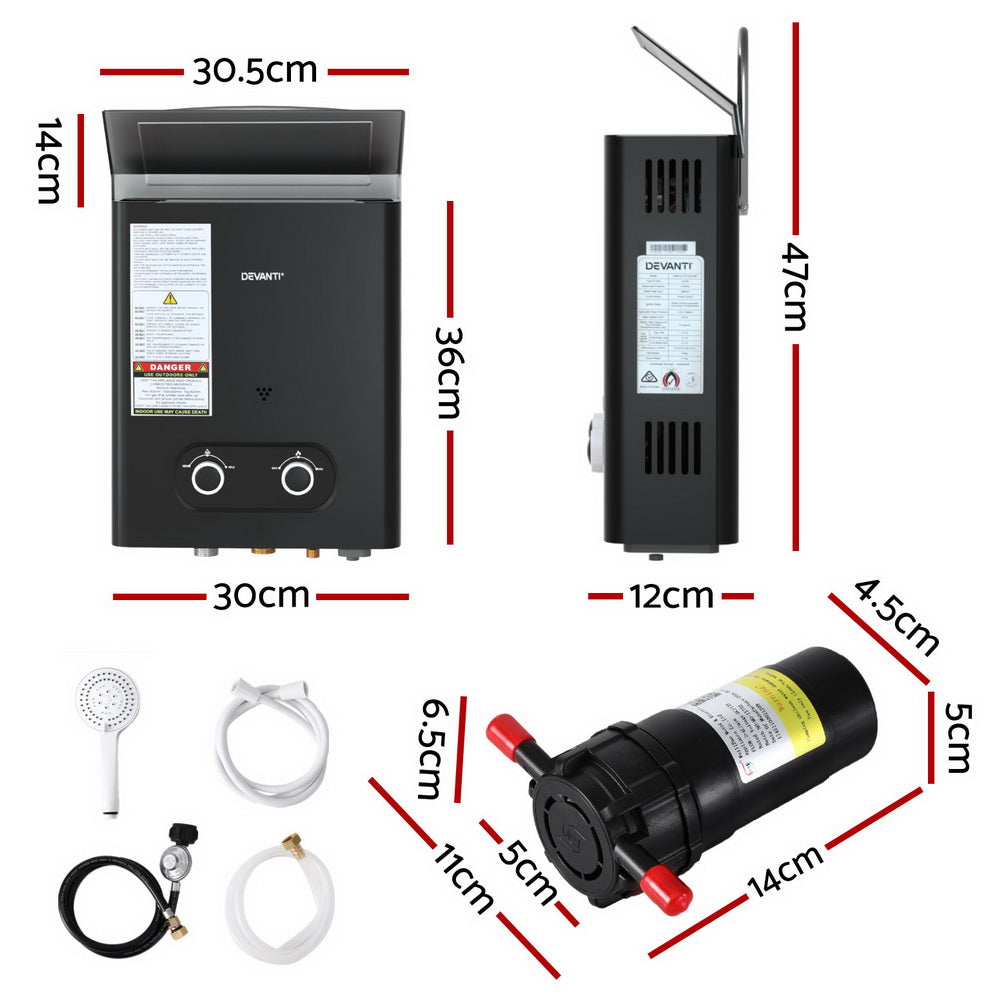 Devanti Portable Gas Water Heater LPG-powered System Black With Pump-Outdoor Recreation > Camping > Portable Toilets &amp; Showers-PEROZ Accessories