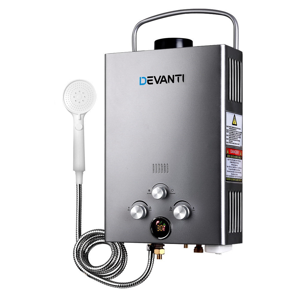 Devanti Portable Gas Water Heater With Pump LPG System Grey-Appliances > Heaters > Gas &amp; Oil Heaters-PEROZ Accessories