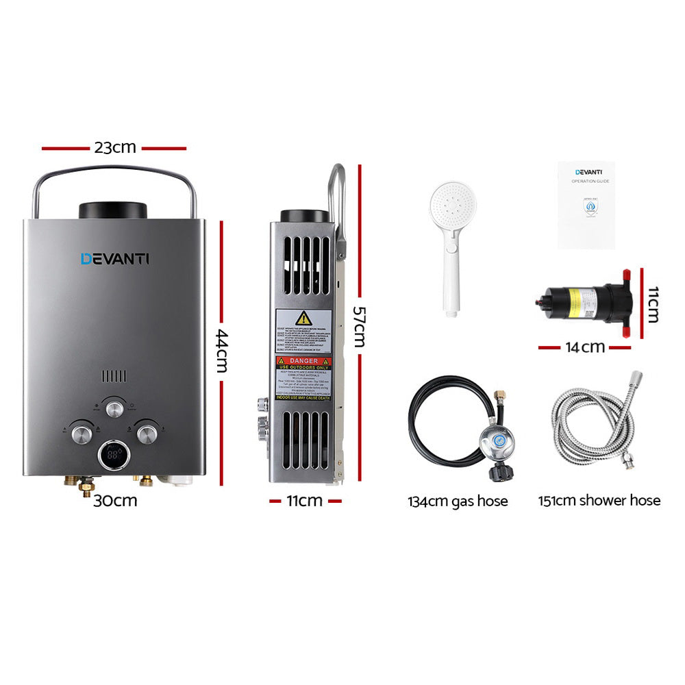 Devanti Portable Gas Water Heater With Pump LPG System Grey-Appliances > Heaters > Gas &amp; Oil Heaters-PEROZ Accessories