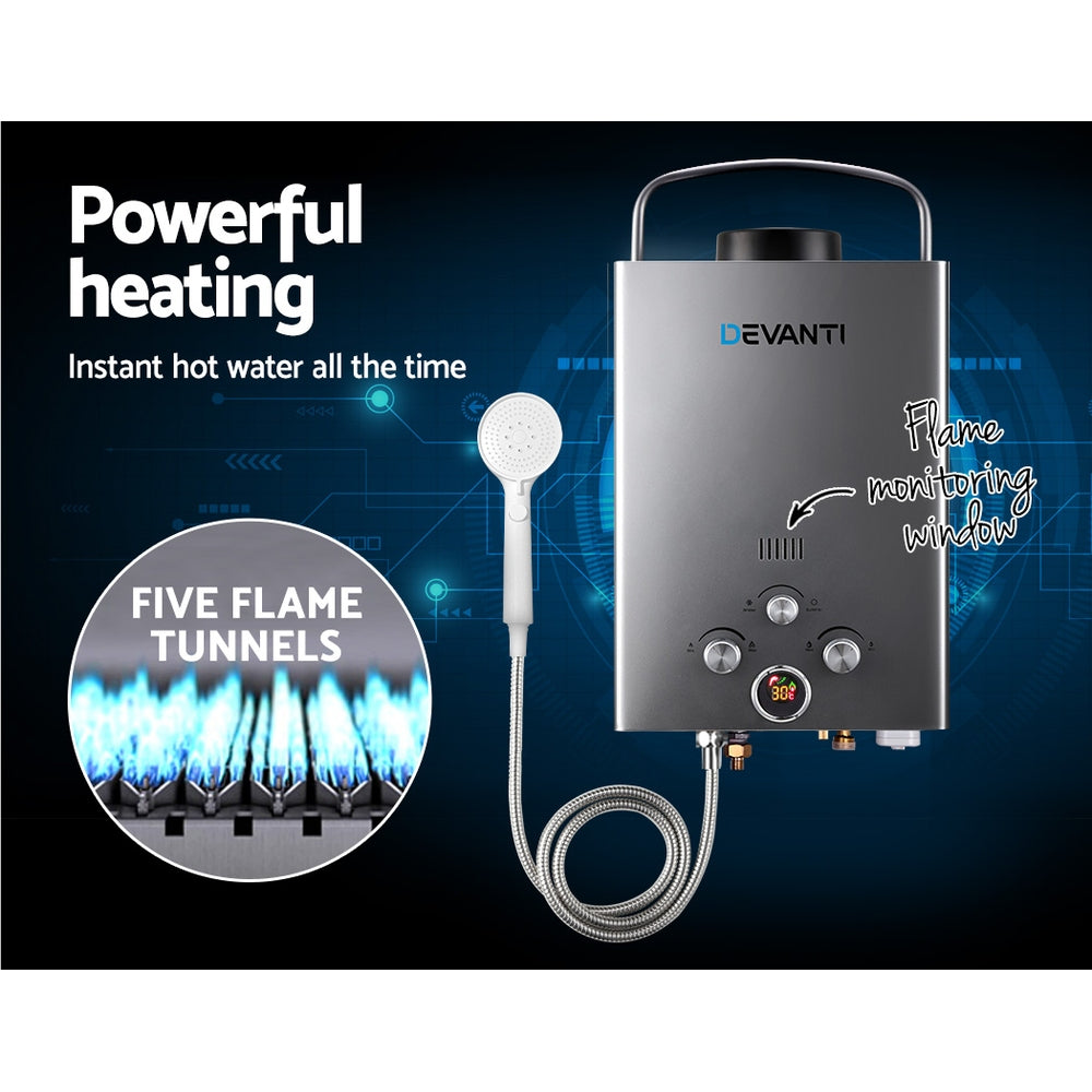 Devanti Portable Gas Water Heater With Pump LPG System Grey-Appliances > Heaters > Gas &amp; Oil Heaters-PEROZ Accessories
