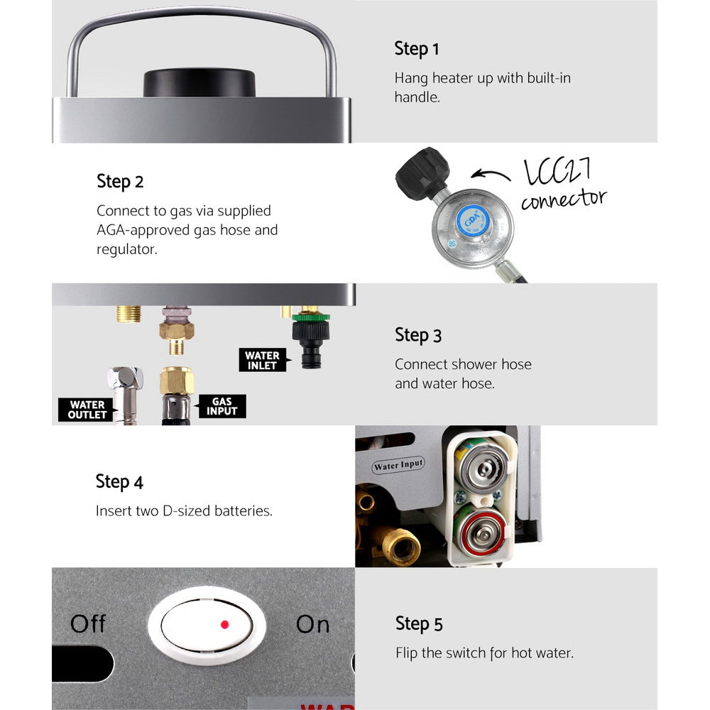 Devanti Portable Gas Water Heater With Pump LPG System Grey-Appliances > Heaters > Gas &amp; Oil Heaters-PEROZ Accessories
