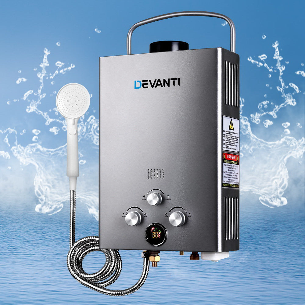 Devanti Portable Gas Water Heater With Pump LPG System Grey-Appliances > Heaters > Gas &amp; Oil Heaters-PEROZ Accessories