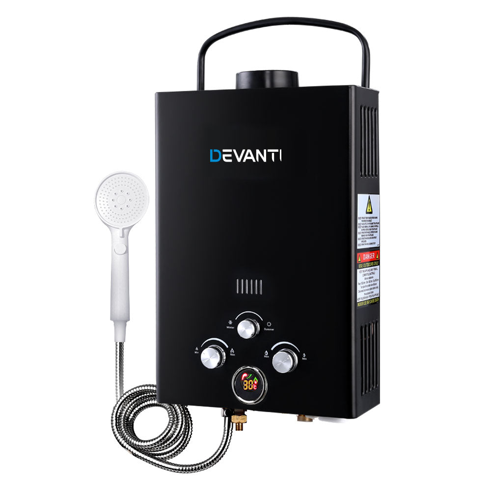 Devanti Portable Gas Water Heater 8L/Min LPG System Black-Outdoor &gt; Camping-PEROZ Accessories