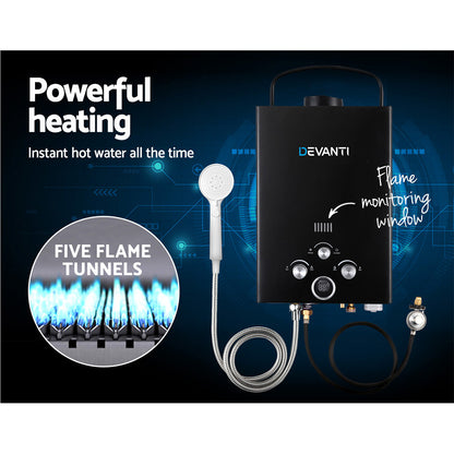 Devanti Portable Gas Water Heater 8L/Min LPG System Black-Outdoor &gt; Camping-PEROZ Accessories