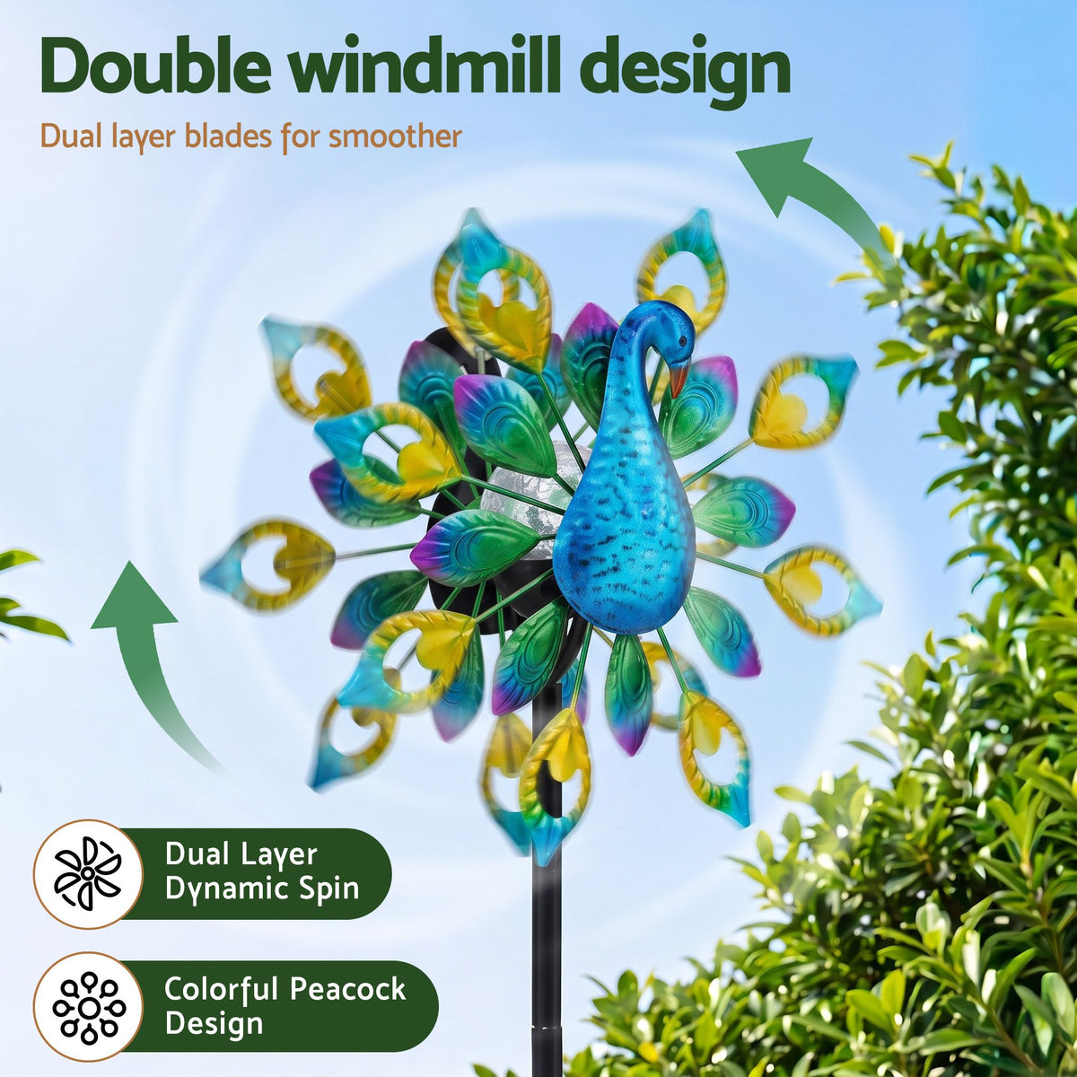 Gardeon Garden Windmill Solar Light Colorful Peacock Metal Spinner 190cm-Home &amp; Garden > Decor > Garden Ornaments-PEROZ Accessories
