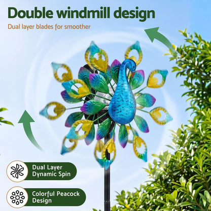 Gardeon Garden Windmill Solar Light Colorful Peacock Metal Spinner 190cm-Home &amp; Garden > Decor > Garden Ornaments-PEROZ Accessories