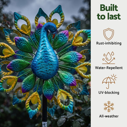 Gardeon Garden Windmill Solar Light Colorful Peacock Metal Spinner 190cm-Home &amp; Garden > Decor > Garden Ornaments-PEROZ Accessories