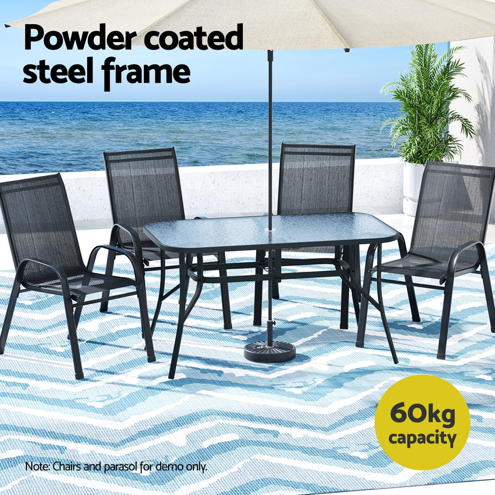 Gardeon 140CM Outdoor Dining Table Steel Frame Tempered Glass Parasol Hole Black-Furniture > Outdoor > Outdoor Tables-PEROZ Accessories
