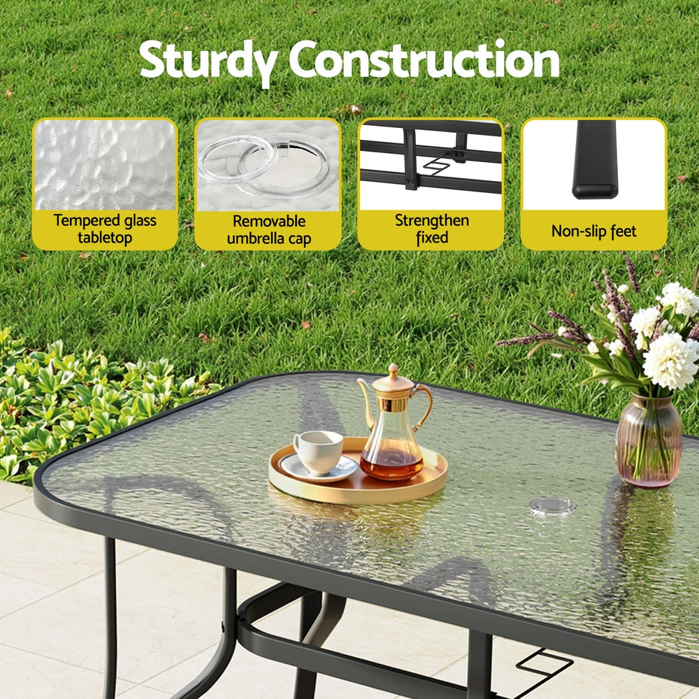 Gardeon 140CM Outdoor Dining Table Steel Frame Tempered Glass Parasol Hole Black-Furniture > Outdoor > Outdoor Tables-PEROZ Accessories