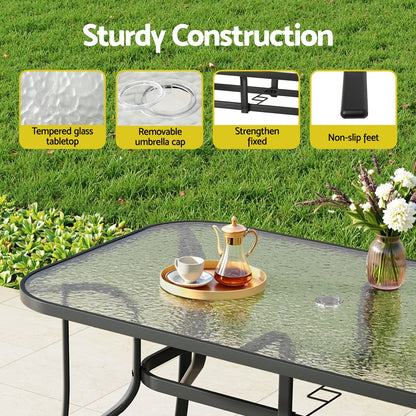 Gardeon 140CM Outdoor Dining Table Steel Frame Tempered Glass Parasol Hole Black-Furniture > Outdoor > Outdoor Tables-PEROZ Accessories