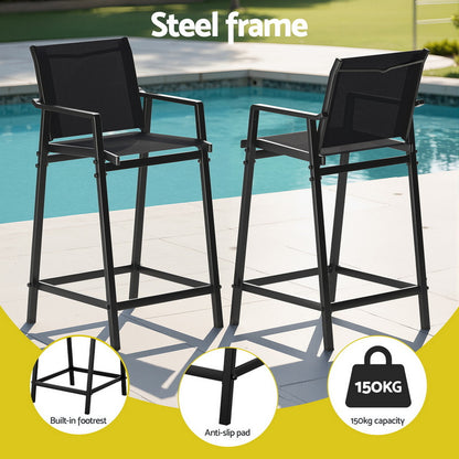 Gardeon 2PC Outdoor Bar Stools Steel Dining Chairs Patio Furniture Garden Black-Furniture &gt; Outdoor &gt; Outdoor Chairs-PEROZ Accessories